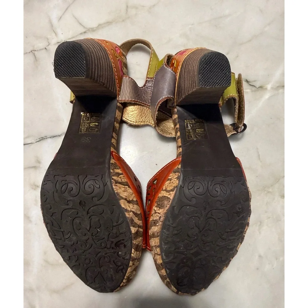 L'Artiste Spring Step Sharyn Leather Sandals Floral Hand Painted Boho Heel 39